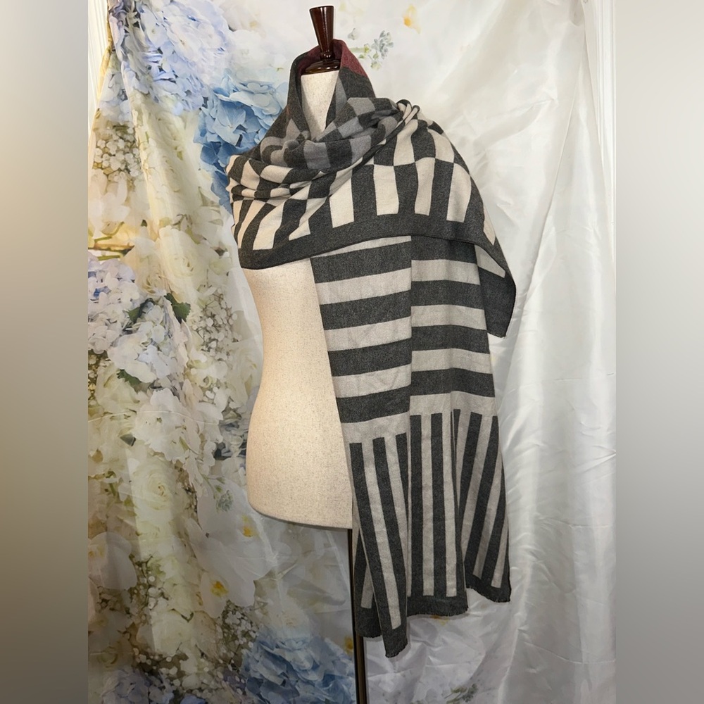 Striped Gray, Burgundy, and Black Shawl unisex